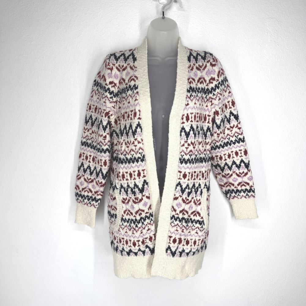 LL Bean Womens Fair Isle Cotton Ragg Cardigan Sweater Cotton Long Nordic Size S
